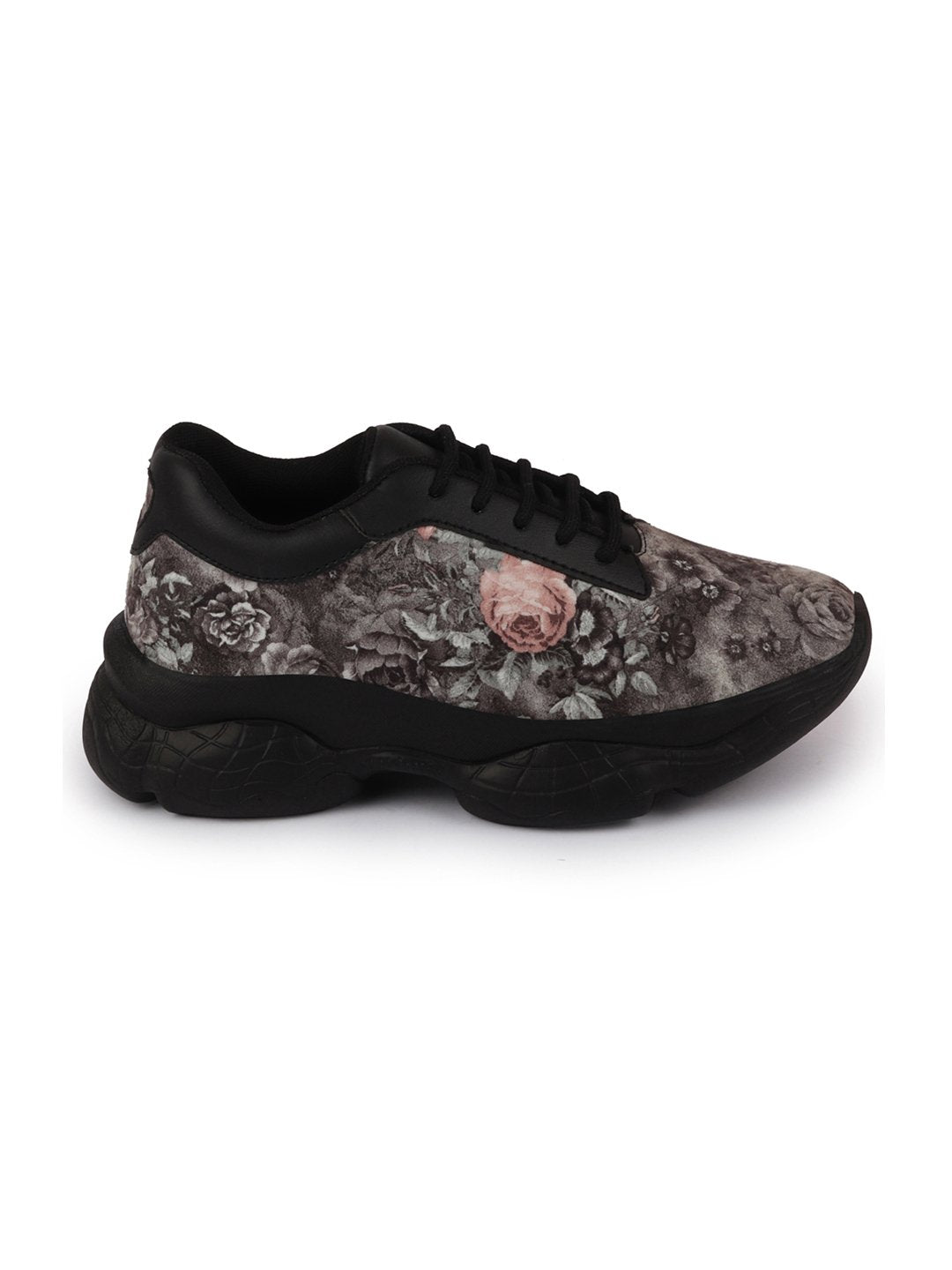 Women's Black Lace Up Running Shoes for Sports and Outdoor Activities.