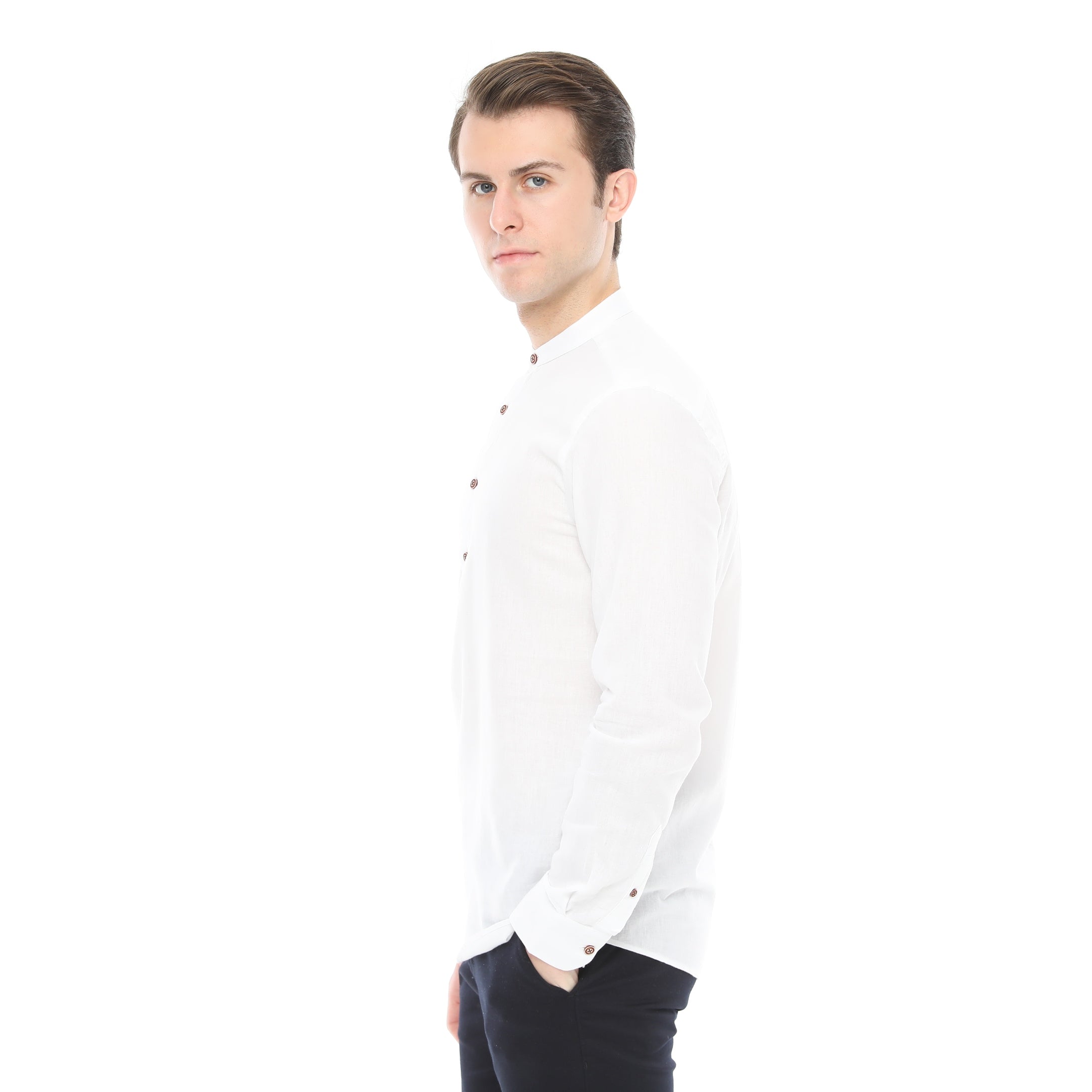 Xact Cotton Linen Grandad Collar Tunic Shirt - Long Sleeve