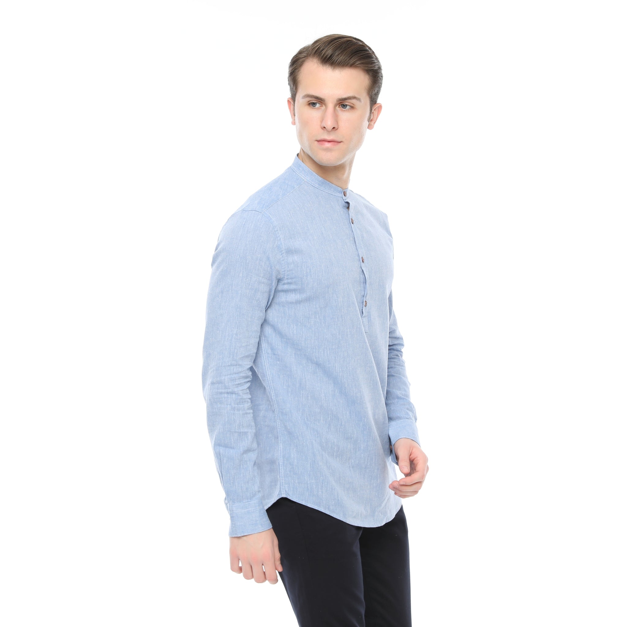 Xact Cotton Linen Grandad Collar Tunic Shirt - Long Sleeve