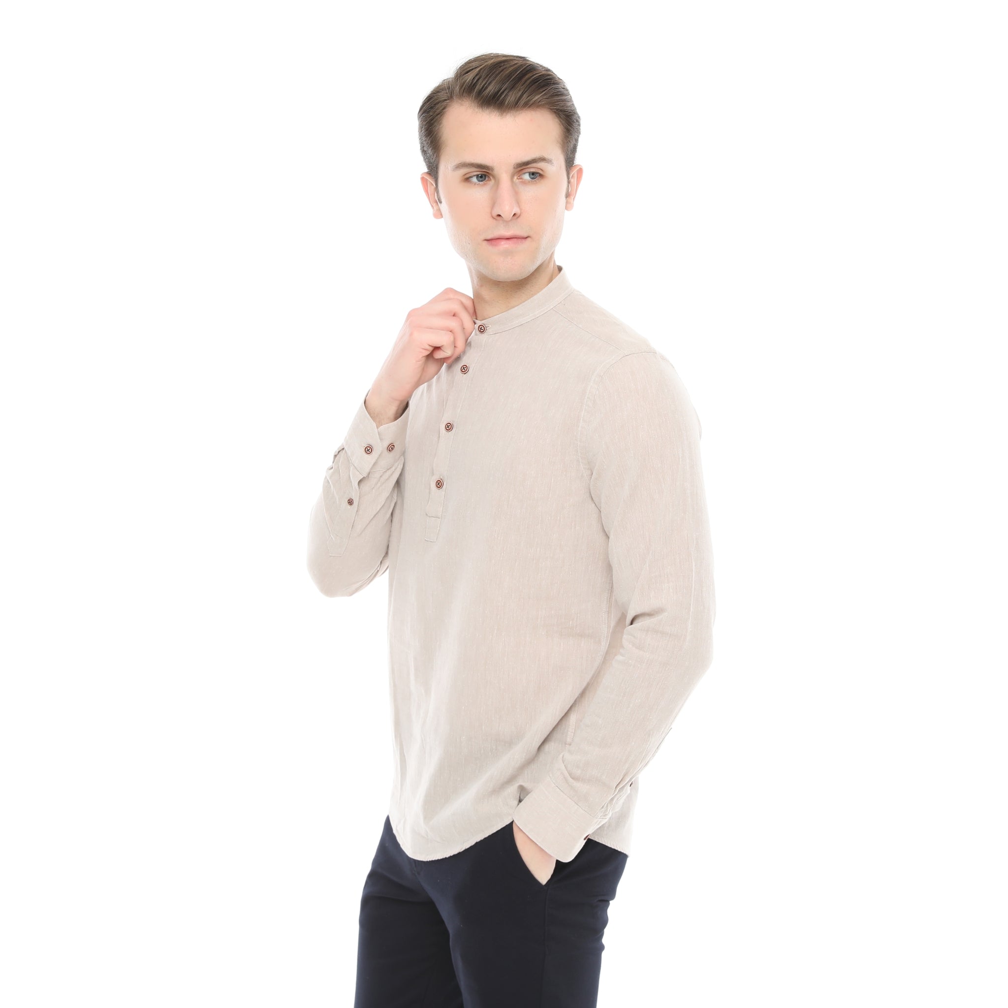 Xact Cotton Linen Grandad Collar Tunic Shirt - Long Sleeve