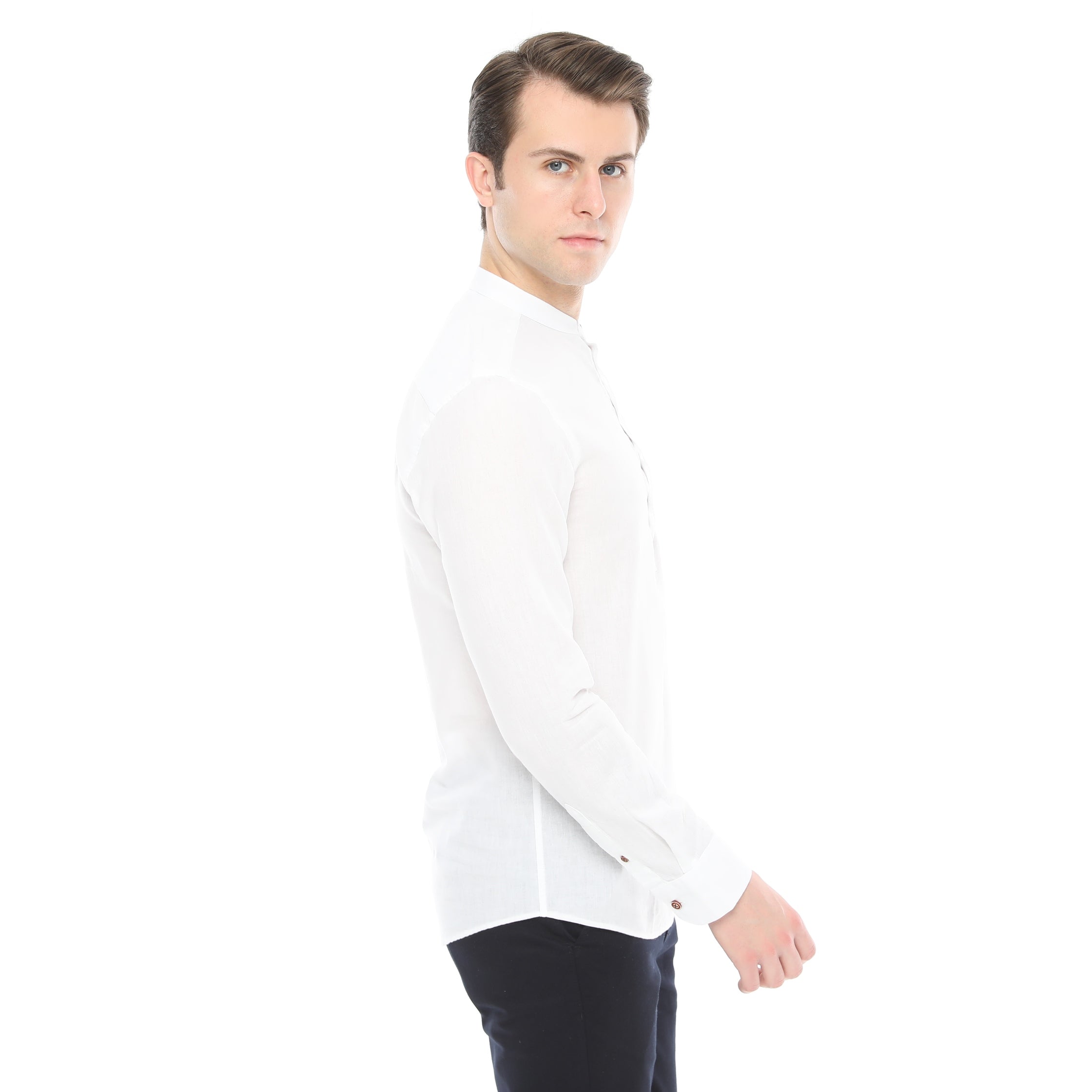 Xact Cotton Linen Grandad Collar Tunic Shirt - Long Sleeve