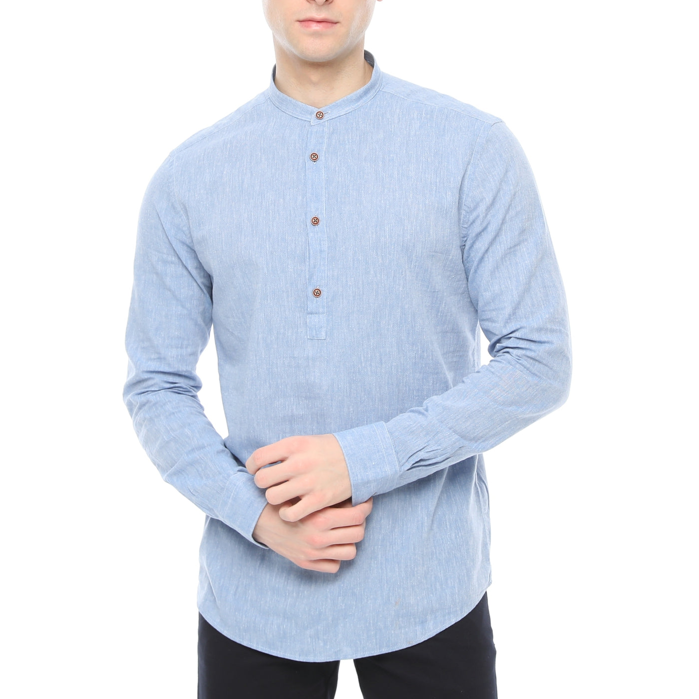 Xact Cotton Linen Grandad Collar Tunic Shirt - Long Sleeve