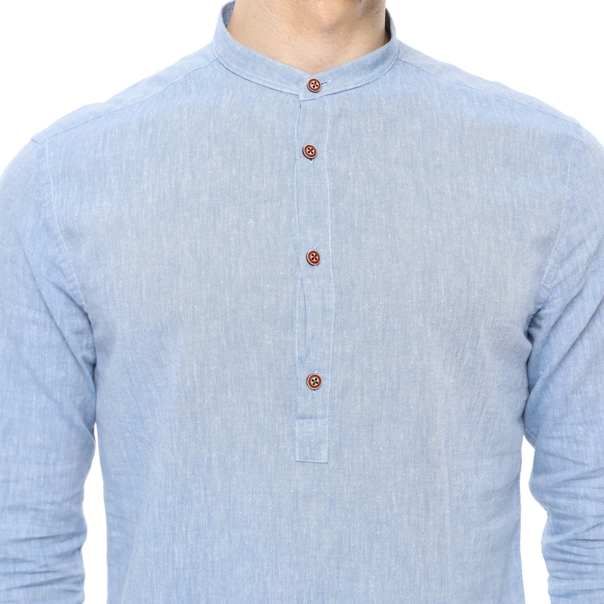 Xact Cotton Linen Grandad Collar Tunic Shirt - Long Sleeve