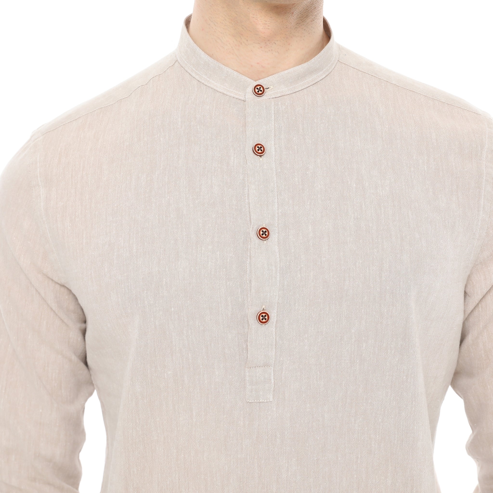 Xact Cotton Linen Grandad Collar Tunic Shirt - Long Sleeve