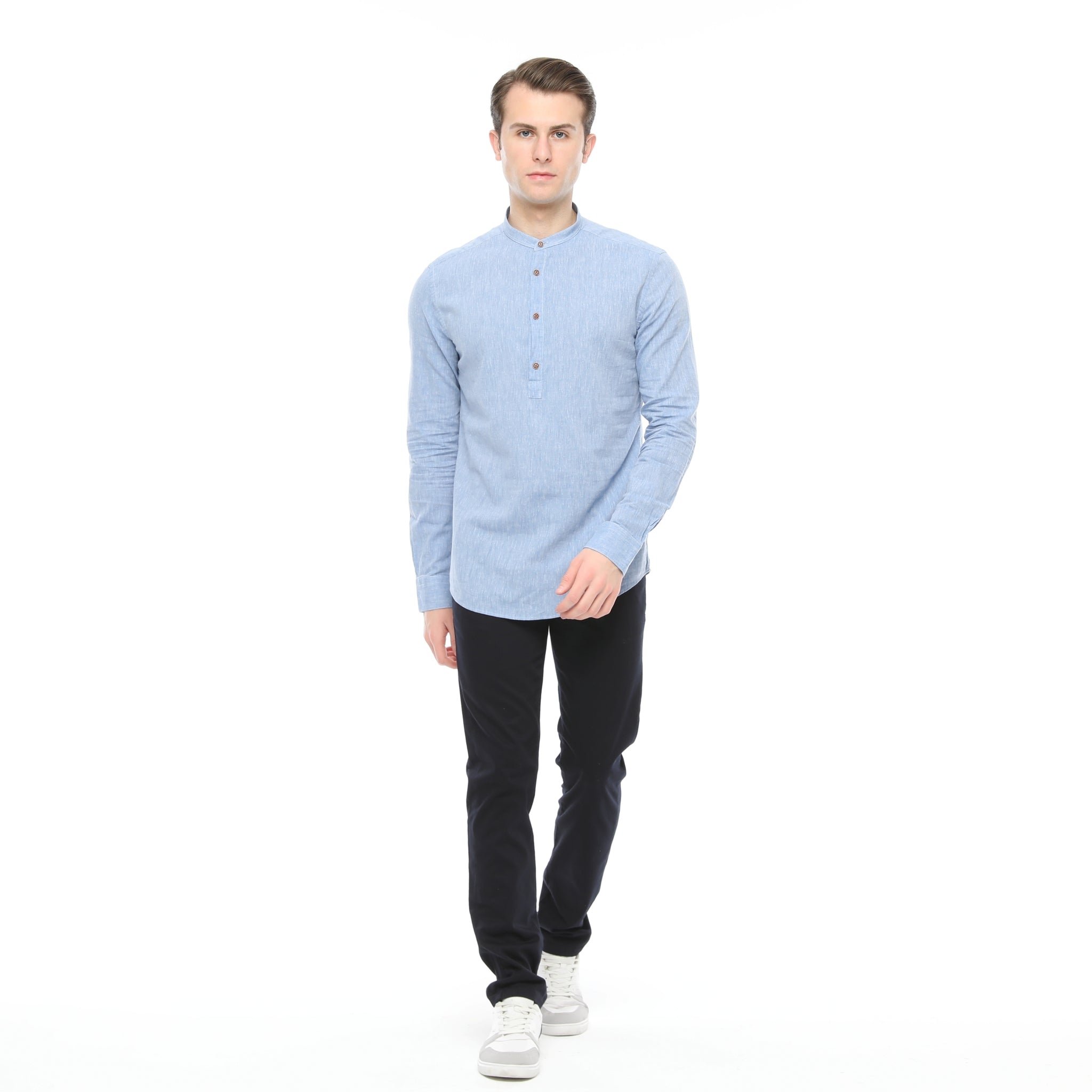 Xact Cotton Linen Grandad Collar Tunic Shirt - Long Sleeve