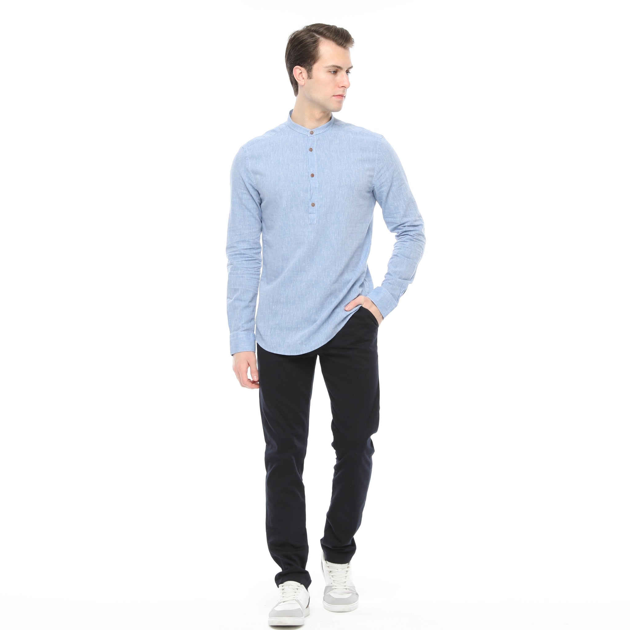 Xact Cotton Linen Grandad Collar Tunic Shirt - Long Sleeve