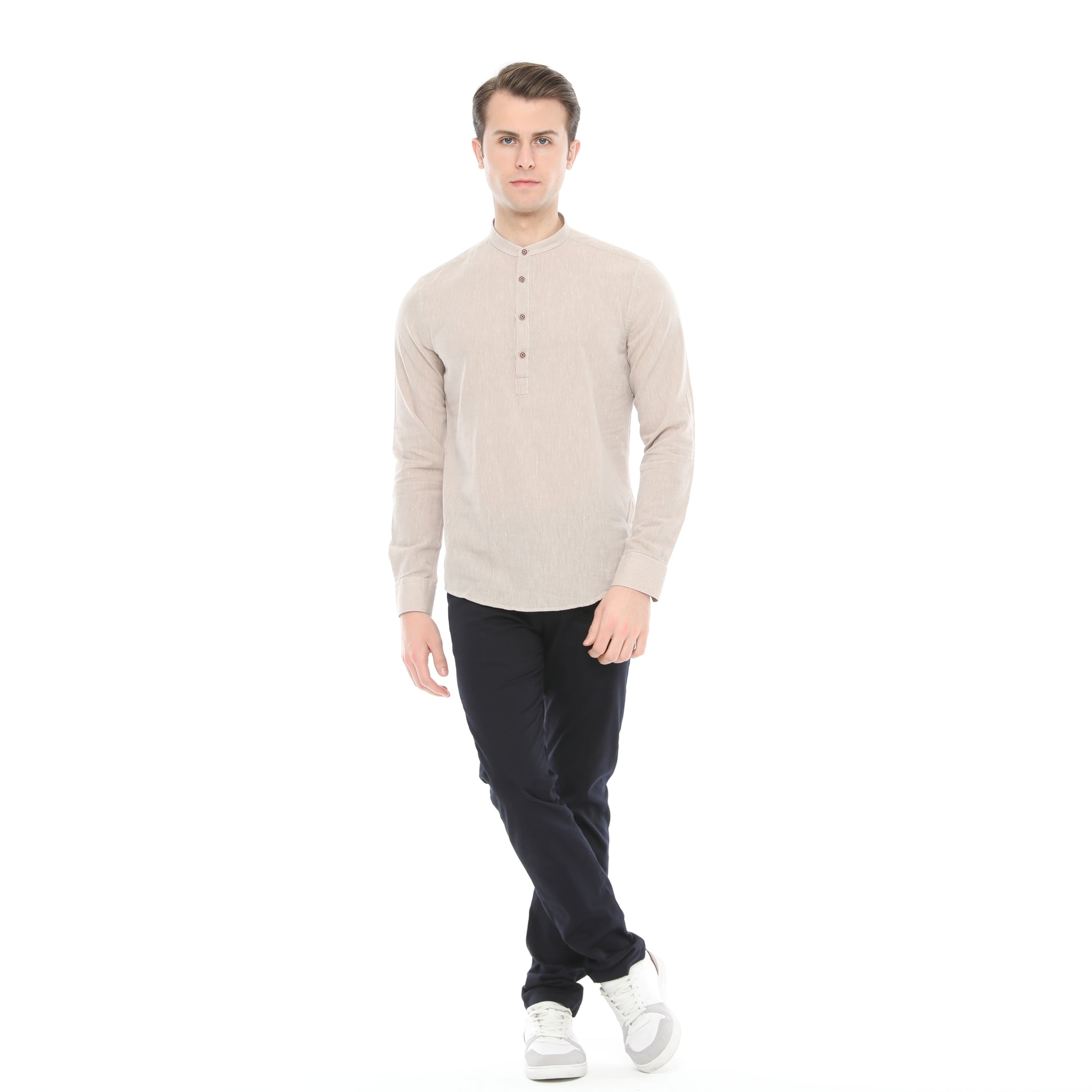 Xact Cotton Linen Grandad Collar Tunic Shirt - Long Sleeve