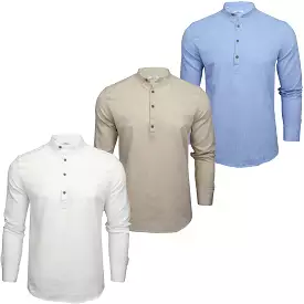 Xact Cotton Linen Grandad Collar Tunic Shirt - Long Sleeve