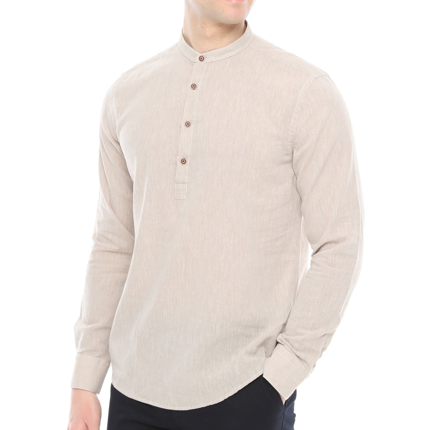 Xact Cotton Linen Grandad Collar Tunic Shirt - Long Sleeve