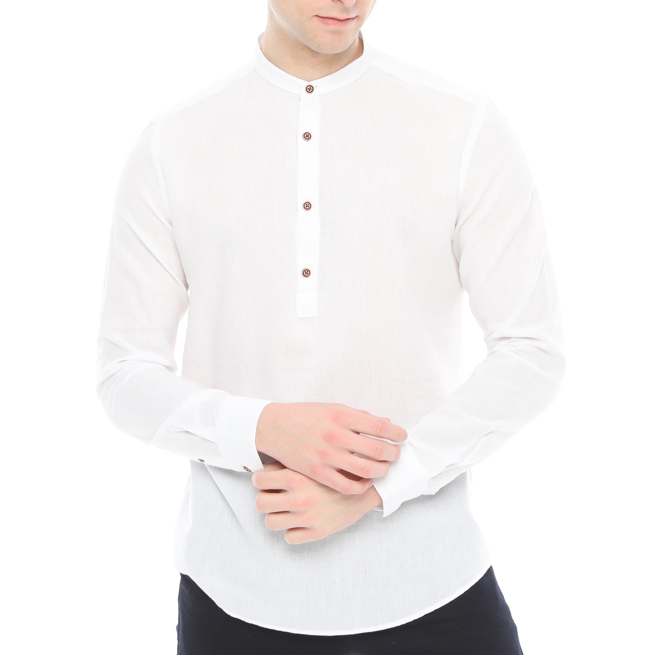 Xact Cotton Linen Grandad Collar Tunic Shirt - Long Sleeve