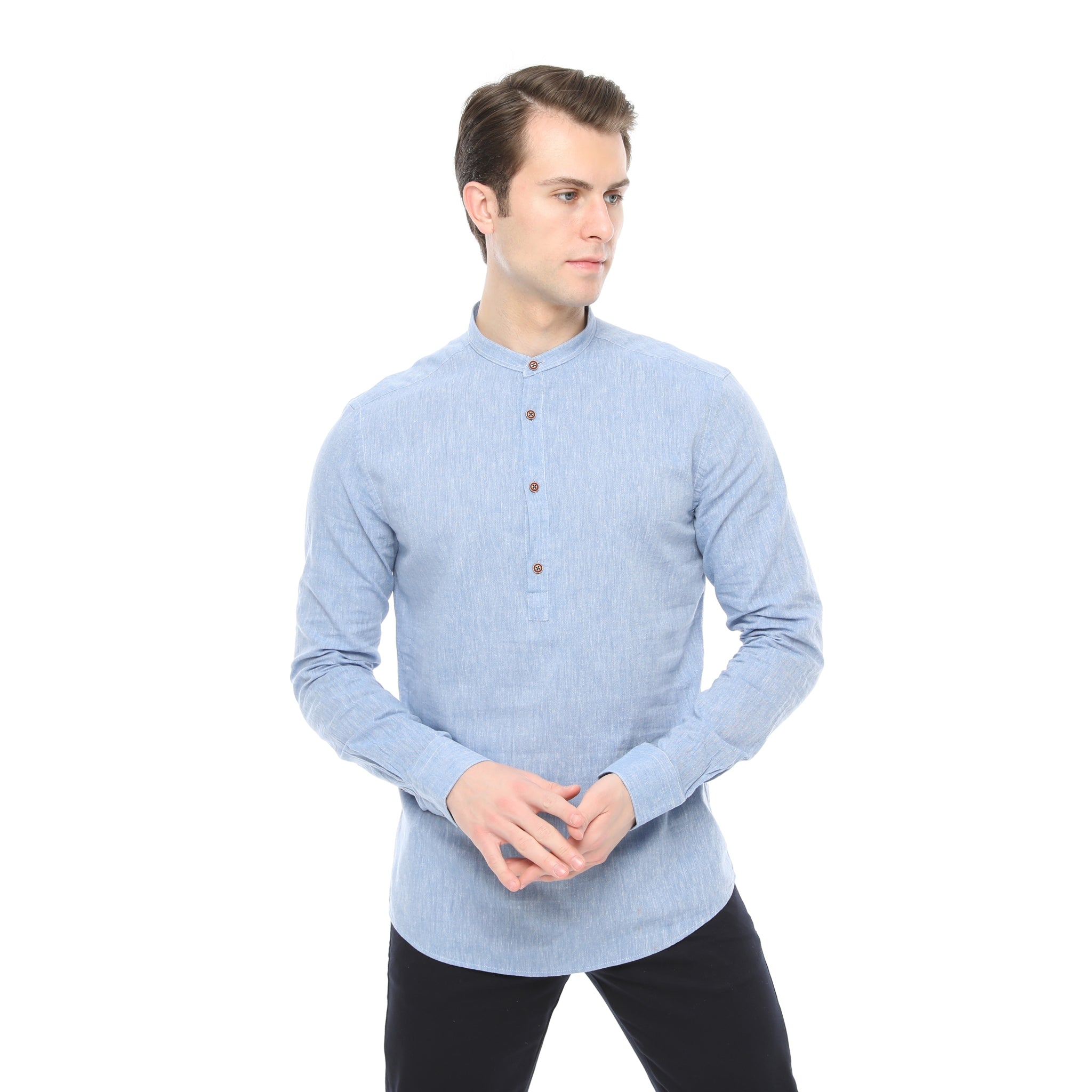 Xact Cotton Linen Grandad Collar Tunic Shirt - Long Sleeve