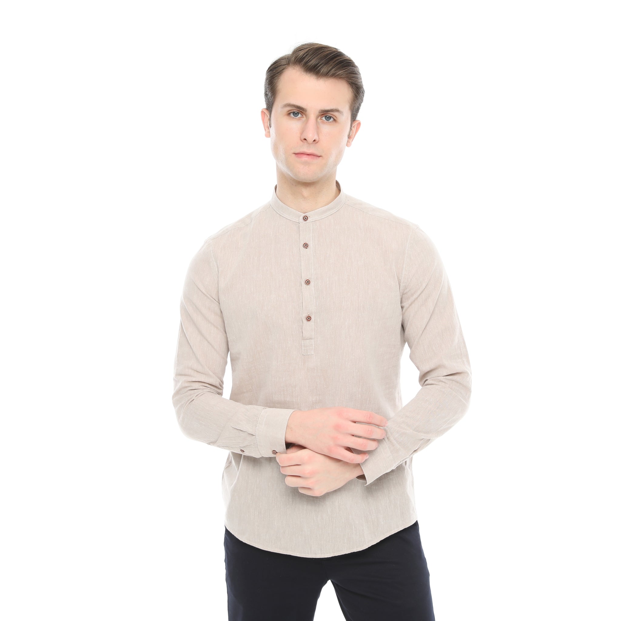 Xact Cotton Linen Grandad Collar Tunic Shirt - Long Sleeve