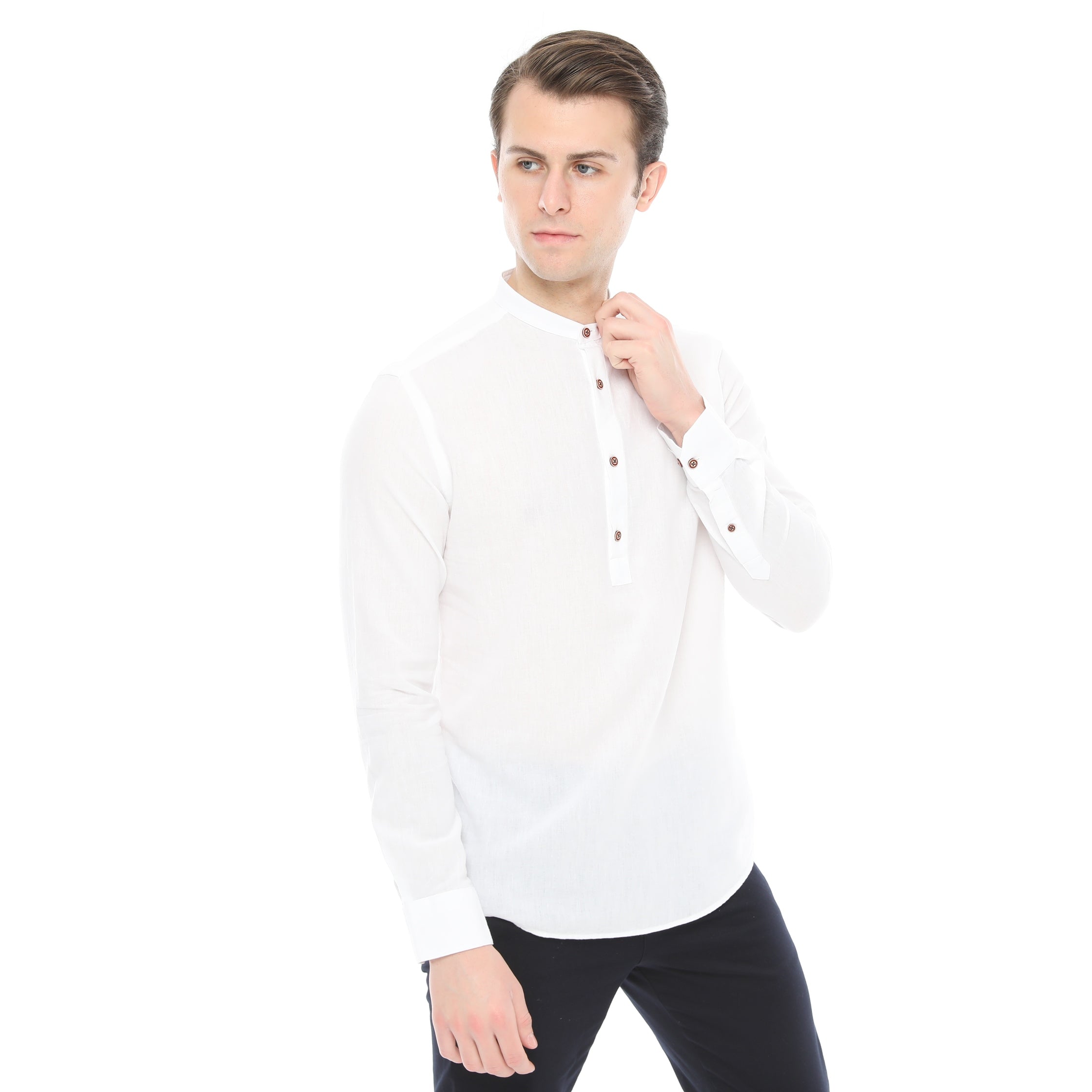 Xact Cotton Linen Grandad Collar Tunic Shirt - Long Sleeve