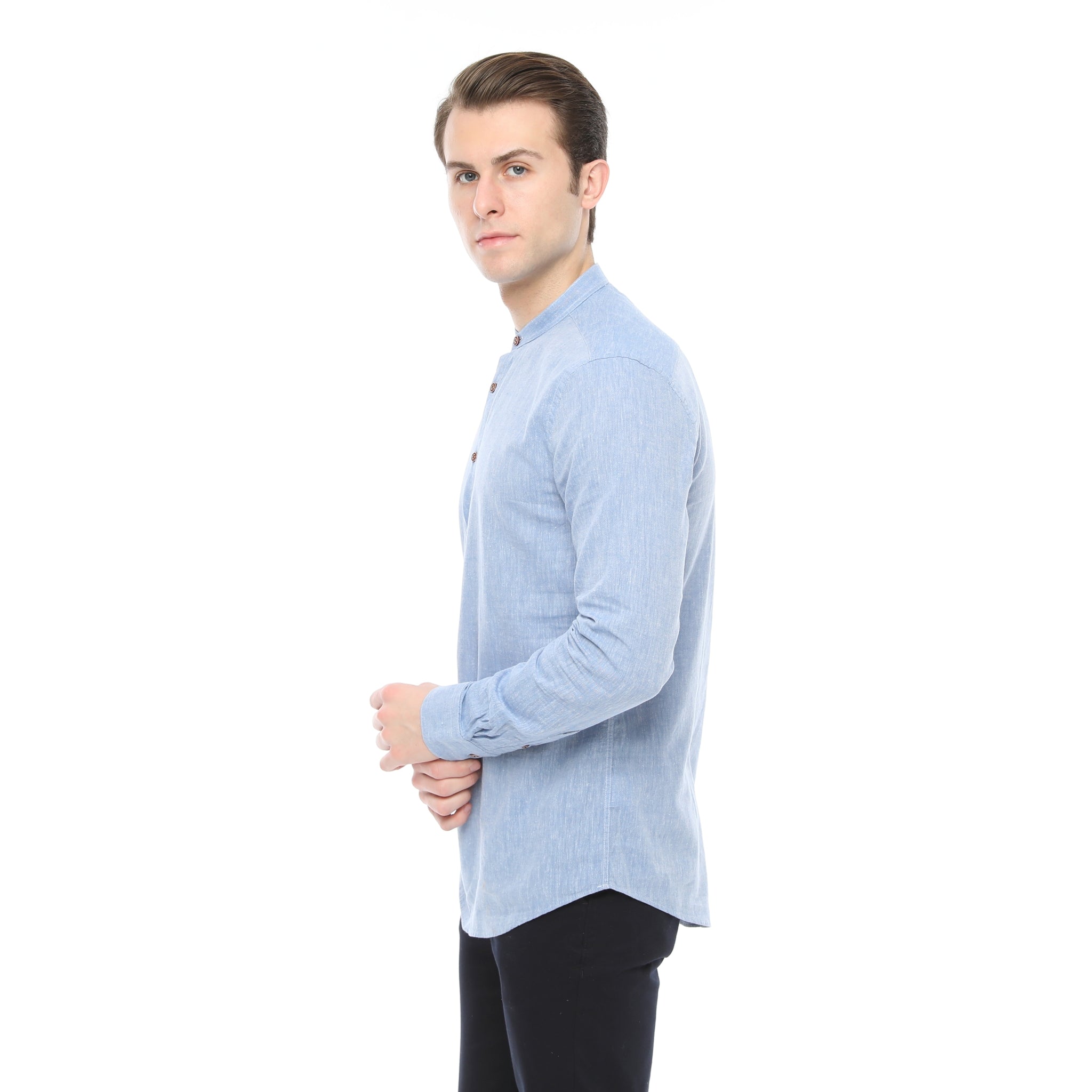 Xact Cotton Linen Grandad Collar Tunic Shirt - Long Sleeve