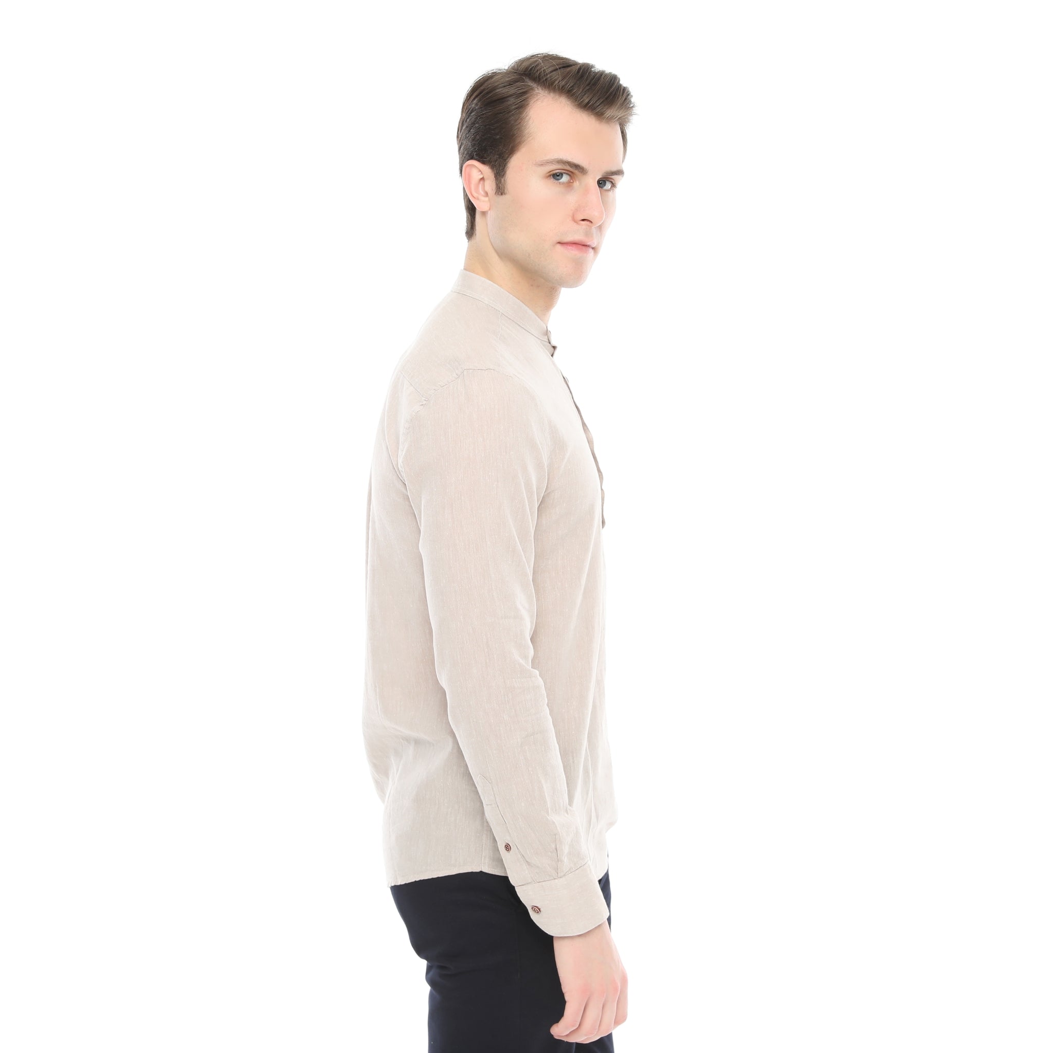 Xact Cotton Linen Grandad Collar Tunic Shirt - Long Sleeve